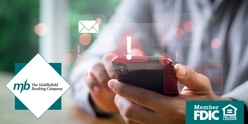 Phone held in person's hands with hover graphic of red exclamation points and security screens