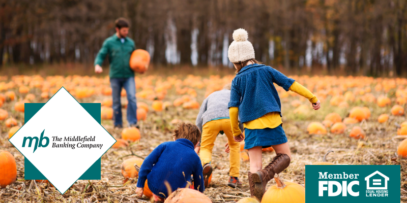 Three kids looking at pumpkins with their dad at a pumpkin patch outdoors